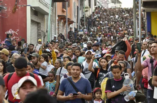 Migrants begin their journey north in hopes of reaching the U.S. border, in Tapachula, Chiapas state, Mexico, April 23, 2023. Mexico President Andrés Manuel López Obrador and Guatemala President Bernardo Arévalo met Friday, May 17, 2024, in this Mexican border city to tackle issues of shared interest, foremost among them immigration. (AP Photo/Edgar Hernandez Clemente, File)