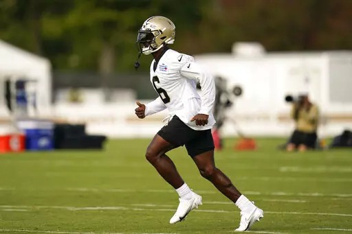 New Orleans Saints safety Marcus Maye (6) runs through drills during training camp at their NFL football training facility in Metairie, La., on July 30, 2022. Maye was arrested Thursday, Sept. 1, in what authorities termed a “road rage incident". He was booked with one count of aggravated assault with a firearm. (AP Photo/Gerald Herbert, File)