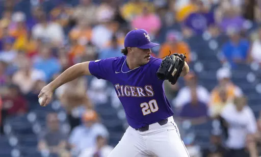 LSU starting pitcher Paul Skenes throws against Tennessee in the first inning of a baseball game at the NCAA College World Series in Omaha, Neb., on Saturday, June 17, 2023. (AP Photo/Rebecca S. Gratz)