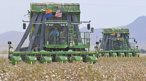 Two John Deere on board module cotton strippers, owned and operated by DVB Harvesting, work their way through a field of cotton on Aug. 21, 2020, in Winterhaven, Ariz. John Deere says it will no longer sponsor "social or cultural awareness" events as the agricultural machinery manufacturer becomes one of the latest companies to distance itself from diversity and inclusion measures. (Randy Hoeft/The Yuma Sun via AP, File)
