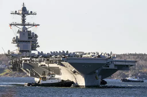 The USS Gerald R. Ford, arrives in Halifax on Oct. 28, 2022. Within hours of the horrific attack by Hamas, the U.S. began moving warships and aircraft to the region to be ready to provide Israel with whatever it needs to respond.(Andrew Vaughan/The Canadian Press via AP, File)