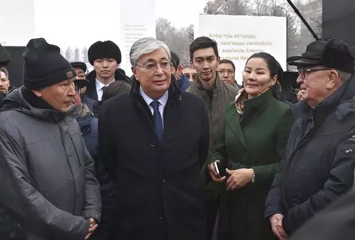 Kazakhstan President Kassym-Jomart Tokayev speaks in Almaty, Kazakhstan, on Friday, Dec. 23, 2022, at an unveiling of a memorial to those killed in January 2022 in the worst unrest in the Central Asian country’s three decades of independence. The photo was released by his Presidential Press Service. Words on the memorial speak of the need for unity and harmony in the former Soviet country of 19 million, but a year after calm was restored and a state of emergency lifted on Jan. 20, 2022, both a