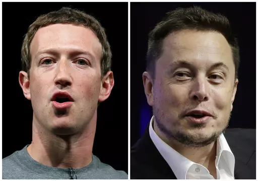 This combo of file images shows Facebook CEO Mark Zuckerberg, left, and Tesla and SpaceX CEO Elon Musk. Elon Musk says his potential in-person fight with Mark Zuckerberg would be streamed on his social media site X, formerly known as Twitter. “Zuck v Musk fight will be live-streamed on X,” Musk wrote in a post Sunday Aug. 6, 2023, on the platform. “All proceeds will go to charity for veterans.” (AP Photo/Manu Fernandez, Stephan Savoia, File)