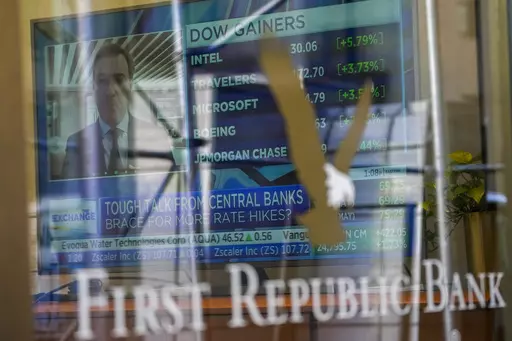 A television screen displaying financial news is seen inside one of First Republic Bank's branches in the Financial District of Manhattan, Thursday, March 16, 2023. The S&P 500 was 0.8% higher in midday trading after erasing an earlier loss of nearly that much following reports that First Republic Bank could receive financial assistance or sell itself to another bank. (AP Photo/Mary Altaffer)