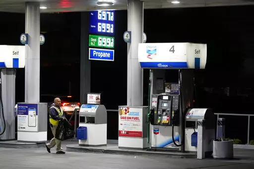 An attendant walks past a pump at a station selling gas at over $6 a gallon, Monday, March 7, 2022, in Los Angeles. Governors and state lawmakers across the U.S. are scrambling to provide relief from soaring prices at the gas pump. They are discussing ways to lower or suspended gas taxes, but taking that step has not proved easy, since much of that money goes toward repair of roads and bridges. (AP Photo/Marcio Jose Sanchez, File)
