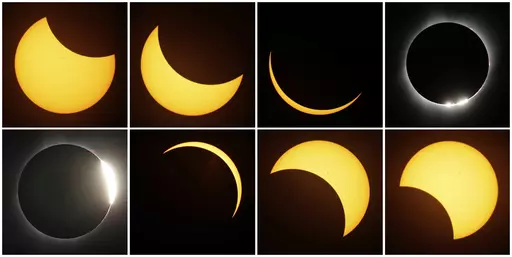 This combination of photos shows the path of the sun during a total eclipse by the moon Monday, Aug. 21, 2017, near Redmond, Ore. On April 8, 2024, spectators who aren't near the path of totality or who get cloudy weather on eclipse day can still catch the total solar eclipse, with NASA, science centers and media organizations planning to stream live coverage online from different locations along the path. (AP Photo/Ted S. Warren, File)