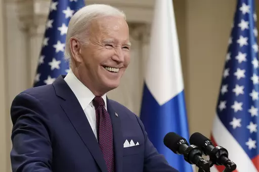 President Joe Biden smiles during a news conference with Finland's President Sauli Niinisto at the Presidential Palace in Helsinki, Finland, Thursday, July 13, 2023. On Friday, July 14, The Associated Press reported on stories circulating online incorrectly claiming Biden was impeached for high crimes and misdemeanors in June 2023. (AP Photo/Susan Walsh, File)