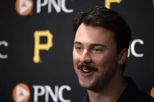 Pittsburgh Pirates' Paul Skenes meets with reporters before a baseball game against the Chicago Cubs in Pittsburgh, Friday, May 10, 2024. Skenes will make his Major League debut Saturday against the Cubs. (AP Photo/Gene J. Puskar)