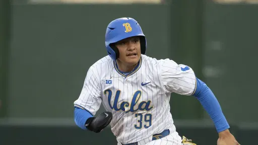 UCLA's Mulivai Levu (39) runs during an NCAA baseball game against BYU on Feb. 18, 2025, in Los Angeles. (AP Photo/Kyusung Gong, File)