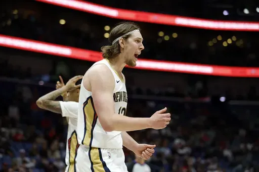 New Orleans Pelicans forward Kelly Olynyk (13) reacts to a call in the first half of an NBA basketball game against the San Antonio Spurs in New Orleans, Tuesday, Feb. 25, 2025. (AP Photo/Tyler Kaufman)