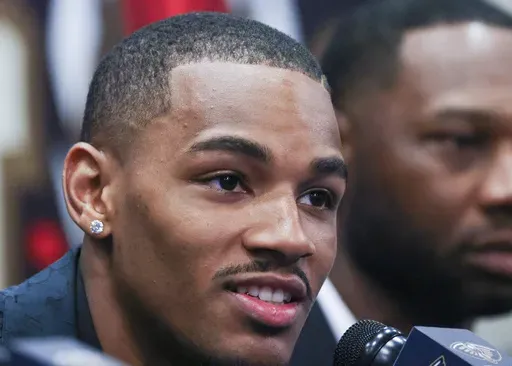 New Orleans Pelicans new player Dejounte Murray speaks during an NBA basketball news conference Tuesday, July 9, 2024, in New Orleans. (Sophia Germer/The Times-Picayune/The New Orleans Advocate via AP)