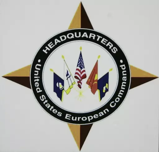 The logo of the headquarters of the US European Command (US EUCOM) is seen in the Patch Barracks in Stuttgart, southwestern Germany, Dec. 4, 2006. Five U.S. servicepeople were killed when a military aircraft crashed over the eastern Mediterranean Sea during a training mission, U.S. European Command said Sunday, Nov. 12, 2023. (AP Photo/Thomas Kienzle, file)