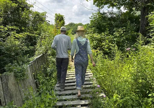 The founders of Fruition Seeds, Matthew Goldfarb, left, and Petra Page-Mann, walk on their farm in Naples, N.Y., on Thursday, Aug. 1, 2024. The multimillion-dollar organic seed company has declared that "seeds are gifts" and will be giving them away after this month. (AP Photo/Cara Anna)
