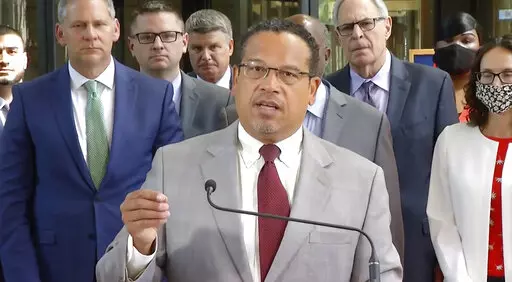 In this image taken from video, Minnesota Attorney General Keith Ellison speaks to the media June 25, 2021, at the Hennepin County Courthouse in Minneapolis, with the prosecution team, after Hennepin County Judge Peter Cahill sentenced former Minneapolis police Officer Derek Chauvin to 22 1/2 years in prison, for the May 25, 2020, death of George Floyd. (Court TV via AP, Pool, File)