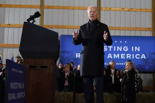 President Joe Biden speaks at Dutch Creek Farms in Northfield, Minn., Wednesday, Nov. 1, 2023. (AP Photo/Andrew Harnik)