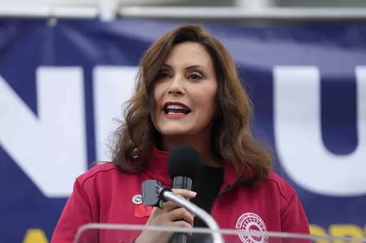Michigan Gov. Gretchen Whitmer speaks to United Auto Workers members at a rally, Sept. 15, 2023, in Detroit. In a letter sent Wednesday, Nov. 8, a Democratic group of governors led by Whitmer joined national leaders in calling for an increase in funding for security at places of worship as concerns grow over threats against Jewish and Muslim communities sparked by the Israel-Hamas war. (AP Photo/Paul Sancya, File)