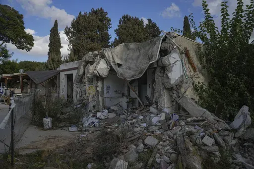 House in the part of Kibbutz Kfar Aza where young people used to live is destroyed in the southern border community, Monday, Sept. 16, 2024. (AP Photo/Ohad Zwigenberg)