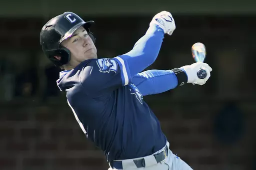 Creighton infielder Ben North (11) swings during an NCAA baseball game against Coppin State, Sunday, Feb. 18, 2024, in Hanover, Md. Creighton’s Ben North turned in one of the eye-popping performances of the first two weeks of the college baseball season when he hit grand slams in his first two at-bats against Houston Christian on Friday, Feb. 23. (AP Photo/Daniel Kucin Jr., File)