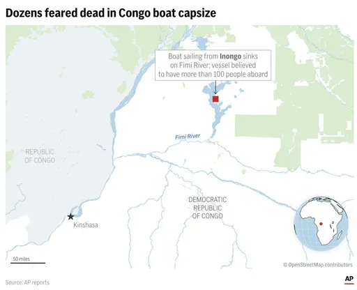 A vessel believed to be overcrowded capsized as it made its way along the Fimi River, the latest such tragedy to strike Congo. (AP Graphic)