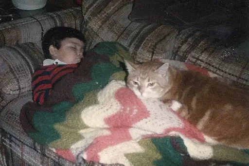 This undated image provided by Jimmy Thyden shows Thyden as a child with cat Rusty. Now 42, Thyden got to embrace his birth mother for the first time during a long-awaited family reunion in Valdivia, Chile in August 2023. His journey to find the birth family he never knew began in April after he read news stories about Chilean-born adoptees who had been reunited with their birth relatives with the help of a Chilean nonprofit Nos Buscamos. While Thyden was successfully reunited with his birth fam