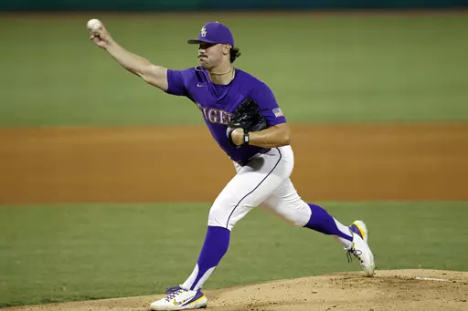 LSU pitcher Paul Skenes (20) throws to a Kentucky batter during the first inning of an NCAA college baseball super regional game in Baton Rouge, La., Saturday, June 10, 2023. (AP Photo/Tyler Kaufman)