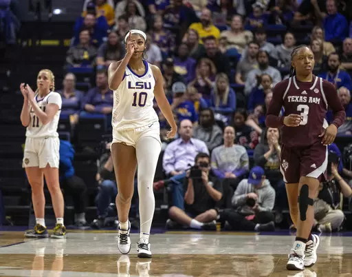 LSU forward Angel Reese (10) motions the other way following a Texas A&M turnover in the second period of an NCAA college basketball game Thursday, Jan. 11, 2024, in Baton Rouge, La. (Michael Johnson/The Advocate via AP)