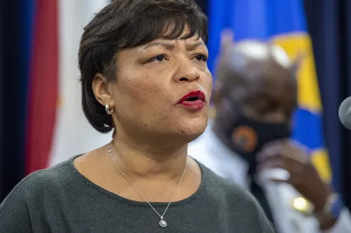 New Orleans Mayor LaToya Cantrell speaks at the police headquarters, Feb. 2, 2022, in New Orleans. Federal prosecutors are accusing a former New Orleans police officer, who was indicted Friday, July 19, 2024, of hiding a forbidden romantic relationship with Mayor Cantrell and filing false payroll records claiming he was on duty as one of her bodyguards. (Chris Granger/The Times-Picayune/The New Orleans Advocate via AP, File)