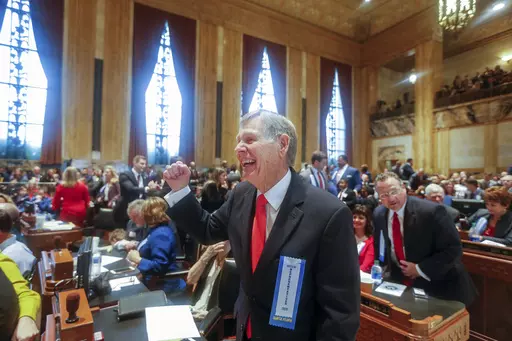 Louisiana state Rep. Francis Thompson, D-Delhi, reacts after being in sworn in with other members of the Louisiana House of Representatives at the state Capitol in Baton Rouge, La., Jan. 13, 2020. The longtime lawmaker announced Friday, March 17, 2023, that he is switching political parties, from Democrat to Republican. (AP Photo/Brett Duke, File)