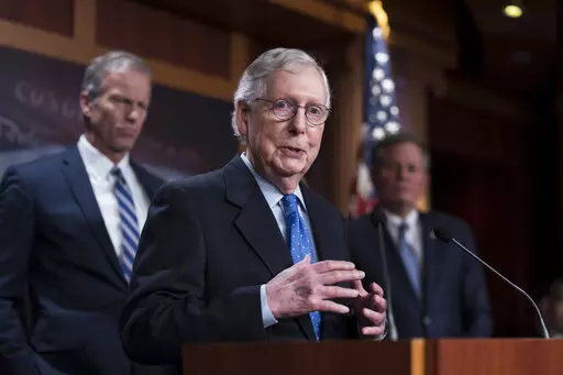 Senate Minority Leader Mitch McConnell, R-Ky., joined at left by Sen. John Thune, R-S.D., meets with reporters at the Capitol in Washington, Nov. 16, 2022. Republicans are engaged in a round of finger-pointing as both parties sift through the results of Democrats’ stronger-than-expected showing in the midterm elections. (AP Photo/J. Scott Applewhite, File)