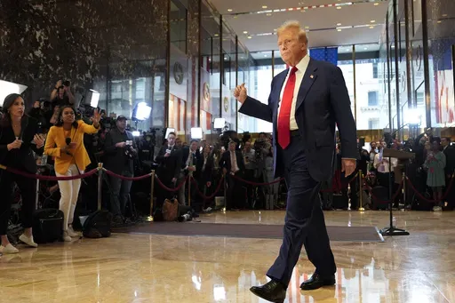 Former President Donald Trump gestures as he leaves after speaking at a news conference at Trump Tower, Friday, May 31, 2024, in New York. (AP Photo/Julia Nikhinson, File)