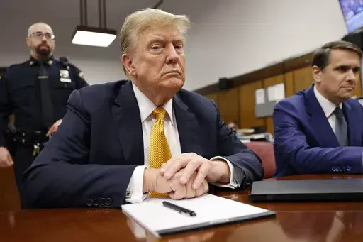 Former President Donald Trump sits in Manhattan Criminal Court on Tuesday, May 21, 2024 in New York. (Michael M. Santiago/Pool Photo via AP)