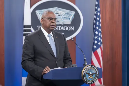 Defense Secretary Lloyd Austin speaks during a joint press briefing with South Korean Defense Minister Kim Yong Hyun at the Pentagon on Wednesday, Oct. 30, 2024 in Washington. (AP Photo/Kevin Wolf)