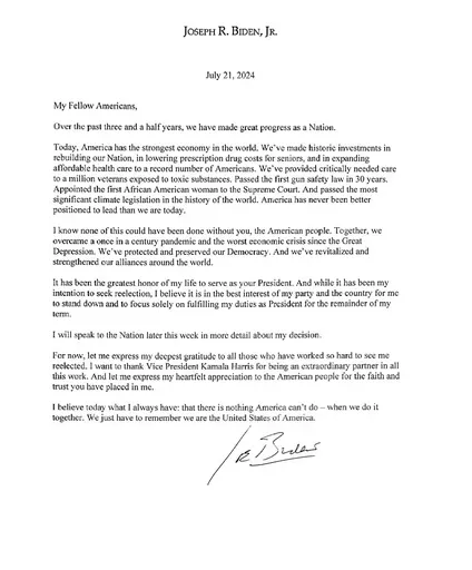This screenshot taken from President Joe Biden's X account shows the letter that Biden wrote to announce that he was dropping out of the 2024 race for the White House on Sunday, July 21, 2024, and would no longer seek reelection. (X via AP)