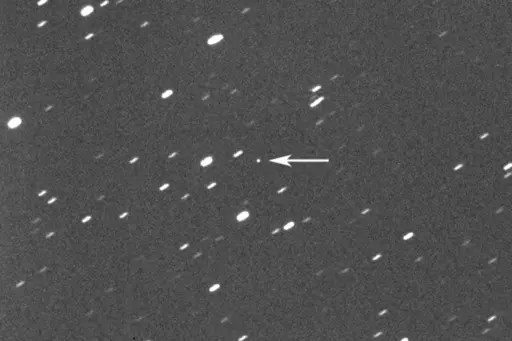 This photo provided by Gianluca Masi shows asteroid 2023 DZ2, indicated by arrow at center, about 1.8 million kilometers (1.1 million miles) away from the Earth on March 22, 2023. On Saturday, March 25, 2023, the asteroid, big enough to wipe out a city, will harmlessly zip between Earth and the moon. While asteroid flybys are common, NASA said it’s rare for one so big to come so close _ about once a decade. Scientists estimate its size somewhere between 140 feet and 310 feet. (42 meters and 94