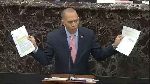 In this image from video, House impeachment manager Rep. Hakeem Jeffries, D-N.Y., answers a question during the impeachment trial against President Donald Trump in the Senate at the U.S. Capitol in Washington, Jan. 29, 2020. (Senate Television via AP, File)