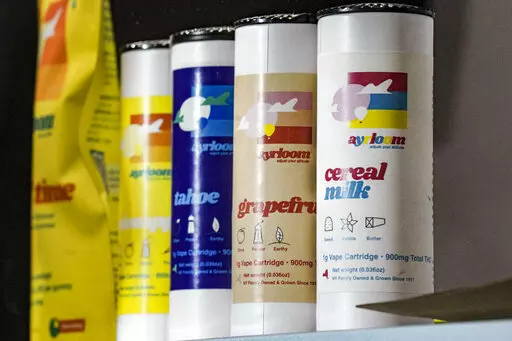 HOLD FOR STORY FILE - Cannabis vaping products are showcased at Housing Works, New York's first legal cannabis dispensary, Thursday Dec. 29, 2022, in New York. As New York opens more legal outlets for recreational marijuana, some public health advocates want more scrutiny on how marijuana products are being marketed to teens and young adults. (AP Photo/Bebeto Matthews, File)