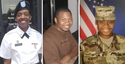 This combination of photos provided by Shawn Sanders, left, and the U.S. Army, center and right, show from left to right, Sgt. Kennedy Sanders, Staff Sgt. William Jerome Rivers and Sgt. Breonna Alexsondria Moffett. The three U.S. Army Reserve soldiers from Georgia, all of whom received posthumous promotions in rank, were killed by a drone strike on Jan. 28, 2024, on their base in Jordan near the Syrian border. The first funeral service was scheduled Tuesday morning, Feb. 13, for Rivers at a Bapt