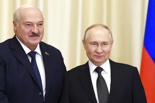 Russian President Vladimir Putin, right, and Belarusian President Alexander Lukashenko pose for a photo prior to their talks at the Novo-Ogaryovo state residence, outside Moscow, Russia, Feb. 17, 2023. Lukashenko, a close ally of Russian leader Putin, is due in Beijing to begin a three-day state visit Tuesday, Feb. 28, 2023, as geopolitical tensions rise over Russia's invasion of Ukraine. (Vladimir Astapkovich, Sputnik, Kremlin Pool Photo via AP, File)