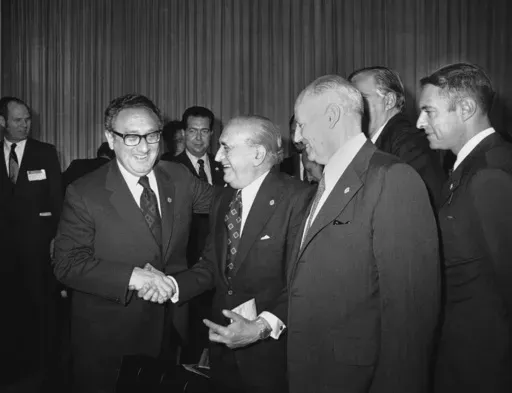 U.S. Secretary of State Henry Kissinger greets Argentina's Foreign Minister, Alberto J. Vignes, as Ismael Huerta Diaz, right, foreign ministers of Chile, looks on during break in Latin Foreign Ministers Conference in Mexico City, Feb. 22, 1974. Leftists in Chile were tortured during the military dictatorship of Gen. Augusto Pinochet and in Argentina, many were "disappeared" by members of the brutal military dictatorship that held detainees in concentration camps. It all happened with the endorse