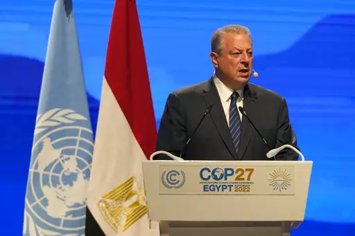 Former U.S. Vice President Al Gore speaks during a session at the COP27 U.N. Climate Summit, Wednesday, Nov. 9, 2022, in Sharm el-Sheikh, Egypt. (AP Photo/Peter Dejong)