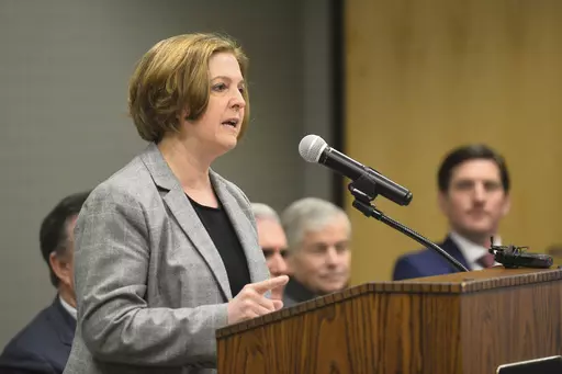 Texas A&M President Katherine Banks speaks during an announcement about the Texas A&M-Concho Engineering Academy, Feb. 14, 2019, in the Carrasco Room at Midland College in Midland, Texas. Texas A&M University announced Friday, July 21, 2023, that Banks has resigned after a Black journalist's celebrated hiring at one of the nation's largest campuses unraveled following pushback over her diversity and inclusion work.(James Durbin/Reporter-Telegram via AP)