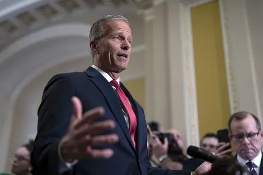 Senate Majority Leader John Thune, R-S.D., speaks to reporters after meeting with Vice President JD Vance and fellow Republicans to discuss President Donald Trump's agenda at a luncheon, at the Capitol in Washington, Wednesday, Feb. 19, 2025. (AP Photo/J. Scott Applewhite)