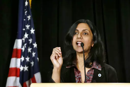 New Seattle City Councilmember Kshama Sawant speaks during an inauguration ceremony for city officials Monday, Jan. 6, 2014, in Seattle. One of Sawant’s earliest memories of the caste system was hearing her grandfather – a man she “otherwise loved very much” – utter a slur to summon their lower-caste maid. Now an elected official in a city thousands of miles from India, she has proposed an ordinance to add caste to Seattle’s anti-discrimination laws. (AP Photo/Elaine Thompson, File)