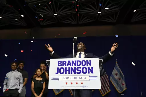 Chicago Mayor-elect Brandon Johnson celebrates with supporters after defeating Paul Vallas after the mayoral runoff election late Tuesday, April 4, 2023, in Chicago. For many progressives, the past decade has been littered with disappointments. But recent down-ballot victories are providing hope of reshaping the Democratic Party from the bottom up, rather than from Washington. (AP Photo/Paul Beaty, File)