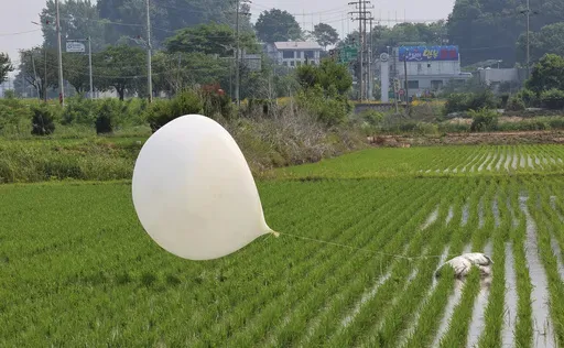 A balloon presumably sent by North Korea, is seen in a paddy field in Incheon, South Korea, on June 10, 2024. Kim Yo Jong, the powerful sister of North Korean leader Kim Jong Un vowed Sunday, July 14, 2024, to respond to what she called a fresh South Korean civilian leafleting campaign, signaling North Korea would soon resume flying trash-carrying balloons across the border.(Im Sun-suk/Yonhap via AP, File)