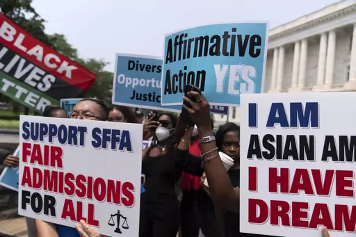 Demonstrators protest outside of the Supreme Court in Washington, Thursday, June 29, 2023, after the Supreme Court struck down affirmative action in college admissions, saying race cannot be a factor. Days after the Supreme Court outlawed affirmative action in college admissions, activists say they will sue Harvard over its use of legacy preferences for children of alumni. (AP Photo/Jose Luis Magana, File)