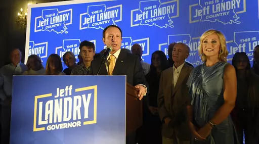 Louisiana gubernatorial candidate Jeff Landry speaks to supporters during a watch party at Broussard Ballroom, Saturday, Oct. 14, 2023, in Broussard, La. (Brad Kemp/The Advocate via AP)