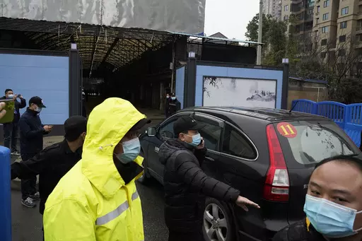 In this file photo dated Sunday, Jan. 31, 2021, security personnel clear the way for a convoy of the World Health Organization team to enter the Huanan Seafood Market on the third day of field visit in Wuhan in central China's Hubei province. International scientists have examined previously unavailable genetic data from samples collected at a market in China close to where the first human cases of COVID-19 were detected and said they have found suggestions the pandemic originated from animals, 