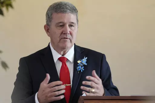 West Virginia gubernatorial candidate Mac Warner speaks to supporters at a campaign event at the Charleston Women's Club in Charleston, W.Va., Thursday, May 4, 2023. Secretary of State Mac Warner and Attorney General Patrick Morrisey say they remain concerned U.S. President Joe Biden's victory was not legitimate. That's despite repeated investigations, audits and court cases concluding there was no evidence of widespread voter fraud or improper counting that could have changed the results. (AP P