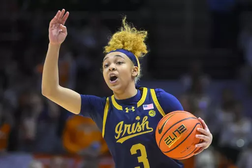 Notre Dame guard Hannah Hidalgo (3) during an NCAA basketball game against Tennessee on Wednesday, Nov. 29, 2023, in Knoxville, Tenn. On Tuesday, Dec. 26, 2023, The Associated Press announced Hidalgo as the national player of the week in women's basketball for Week 7 of the season. (AP Photo/John Amis, File)